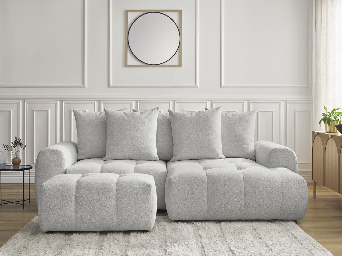 Canapé d'angle convertible coffre ROXELANE chiné avec pouf gris clair — vue 5