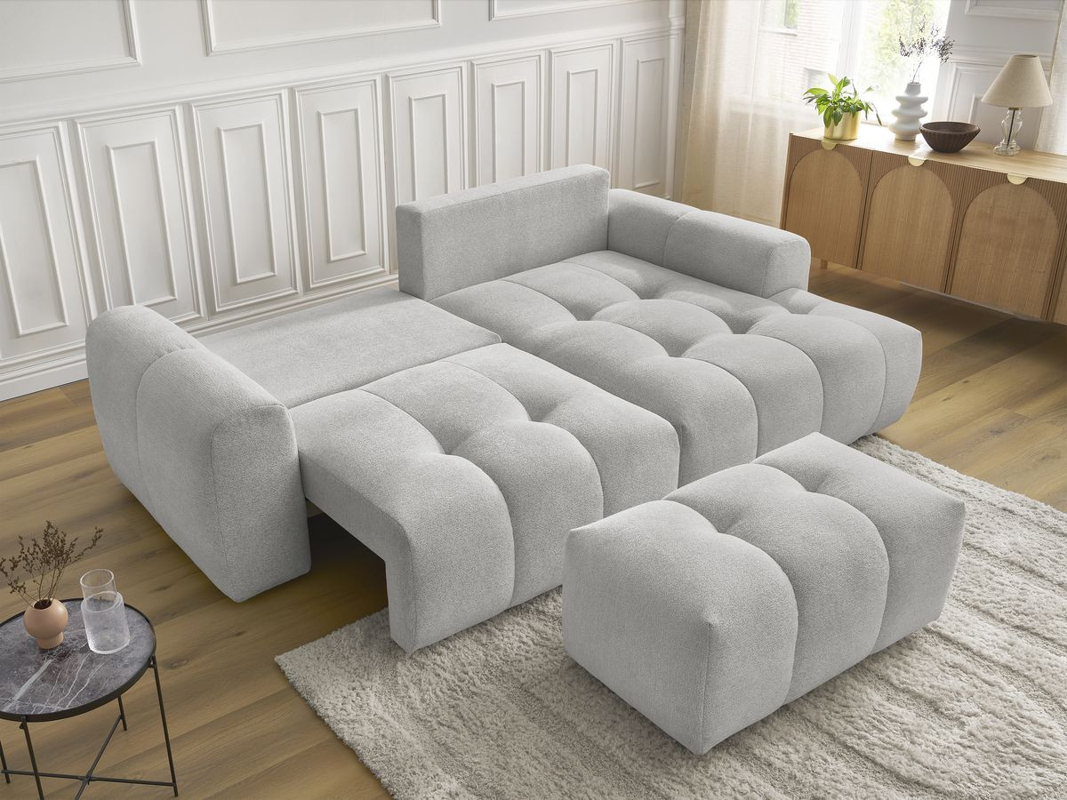 Canapé d'angle convertible coffre ROXELANE tissu chiné avec pouf