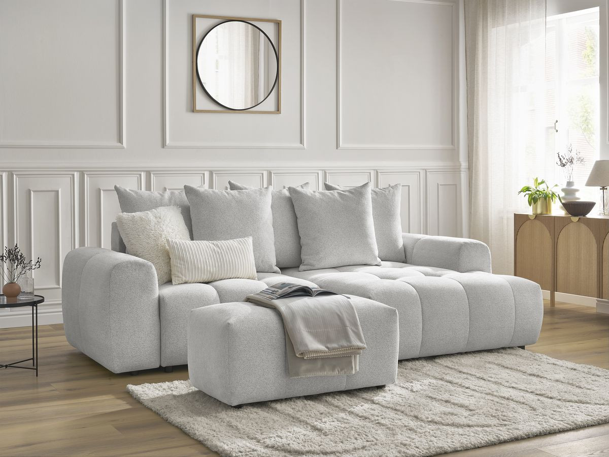 Canapé d'angle convertible coffre ROXELANE tissu chiné avec pouf