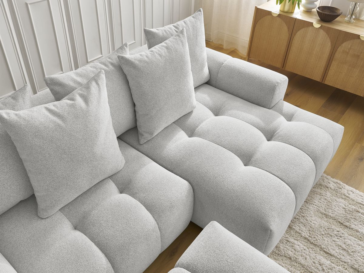 Canapé d'angle convertible coffre ROXELANE tissu chiné avec pouf