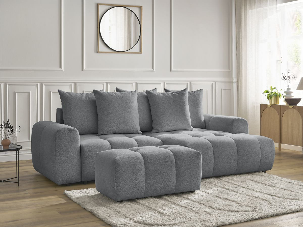 Canapé d'angle convertible coffre ROXELANE tissu chiné avec pouf