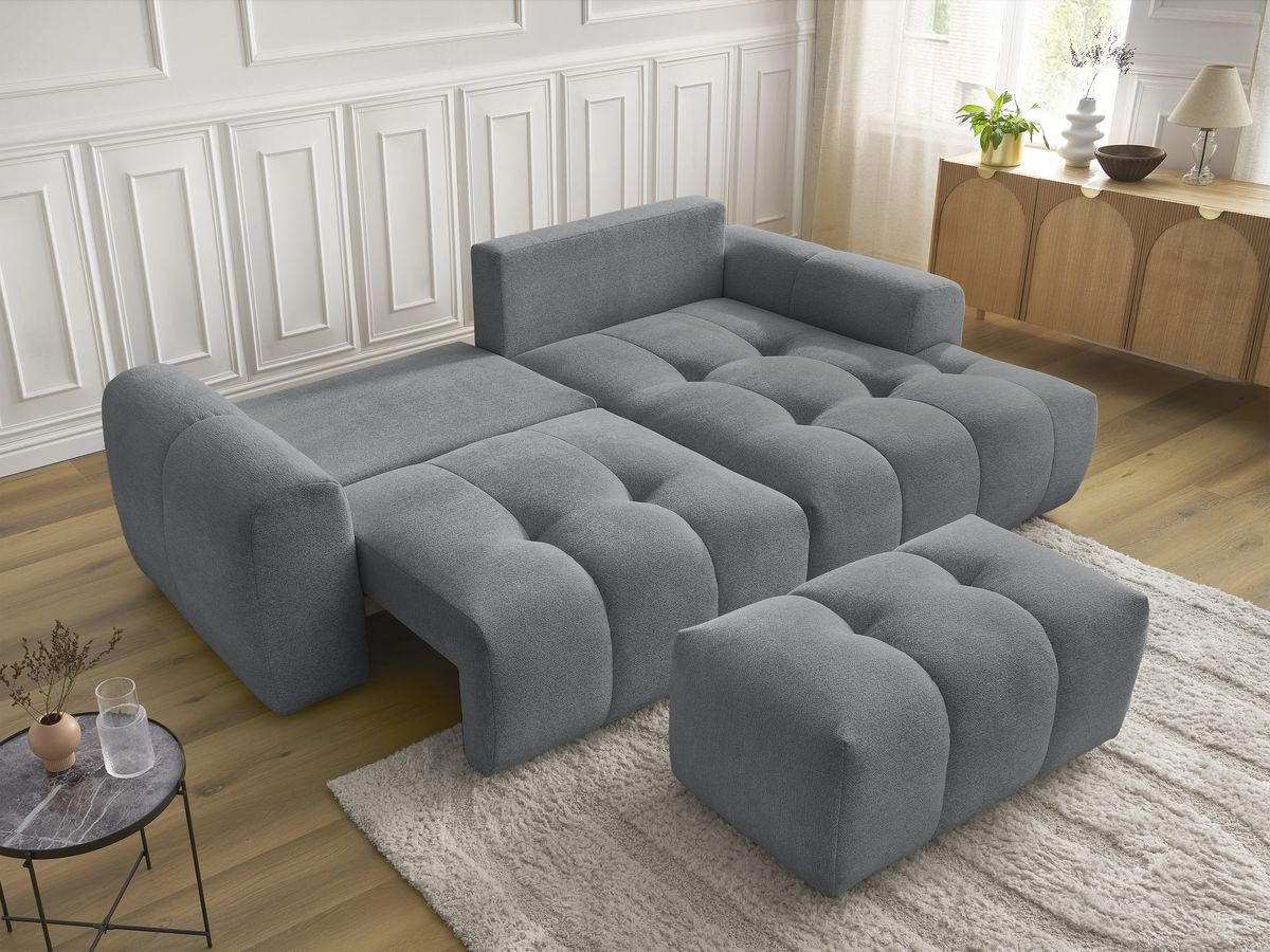 Canapé d'angle convertible coffre ROXELANE tissu chiné avec pouf
