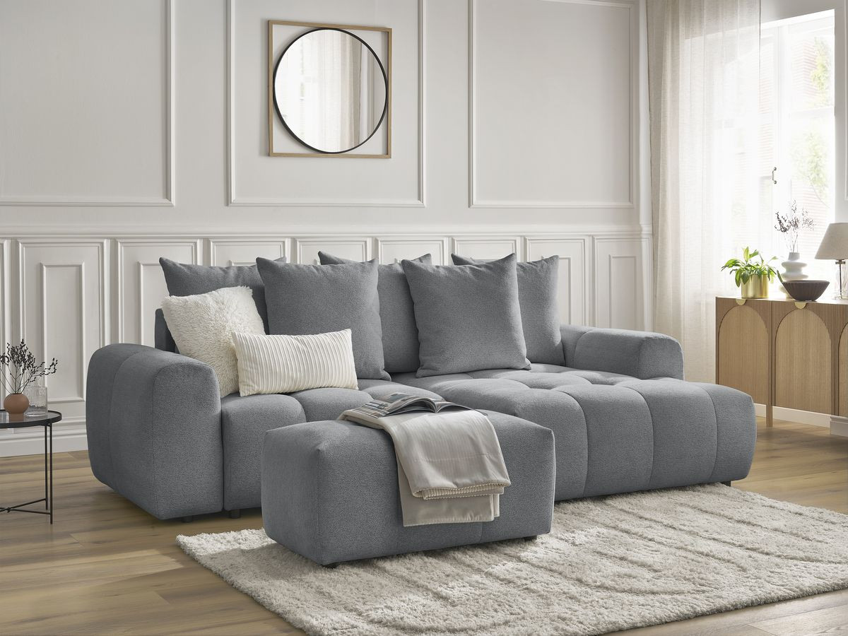 Canapé d'angle convertible coffre ROXELANE tissu chiné avec pouf