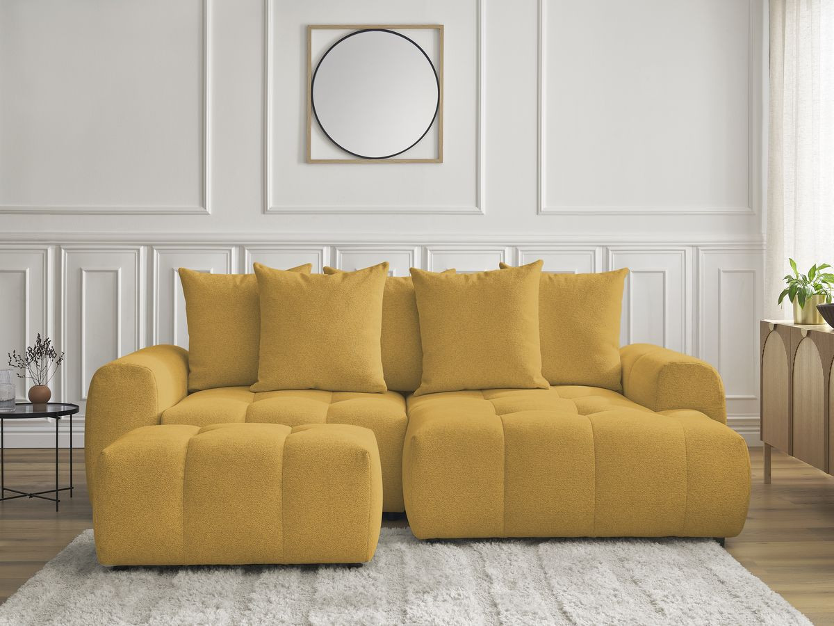 Canapé d'angle convertible coffre ROXELANE chiné avec pouf jaune — vue 5