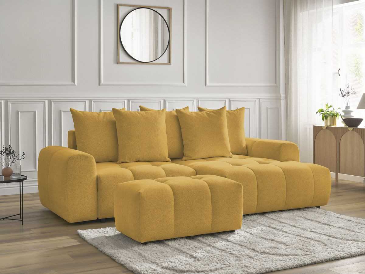 Canapé d'angle convertible coffre ROXELANE tissu chiné avec pouf