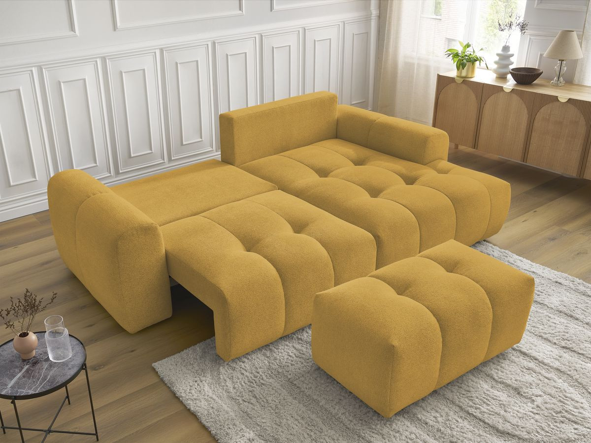 Canapé d'angle convertible coffre ROXELANE tissu chiné avec pouf