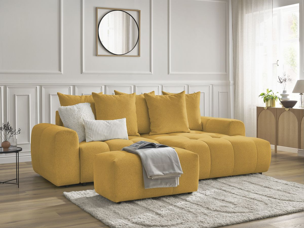 Canapé d'angle convertible coffre ROXELANE tissu chiné avec pouf