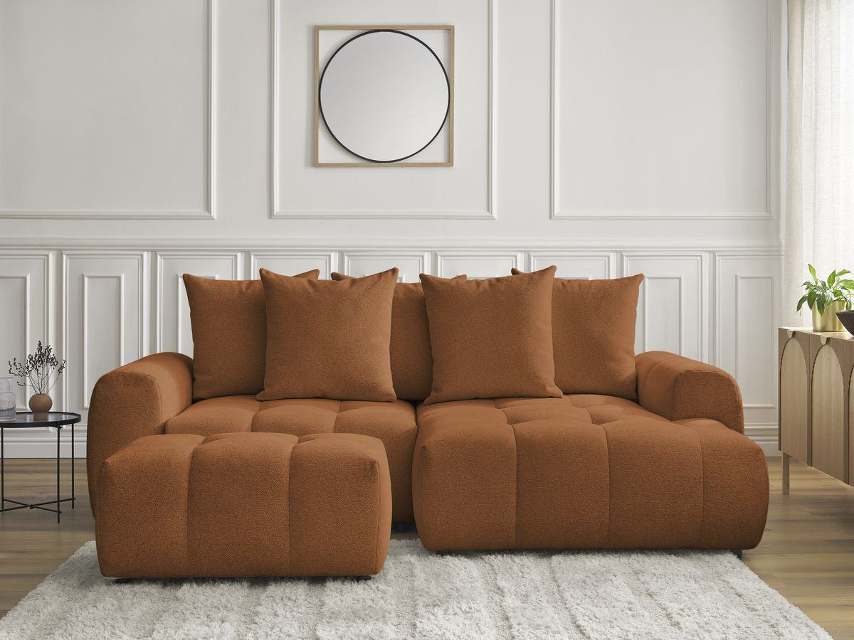 Canapé d'angle convertible coffre ROXELANE chiné avec pouf orange — vue 5