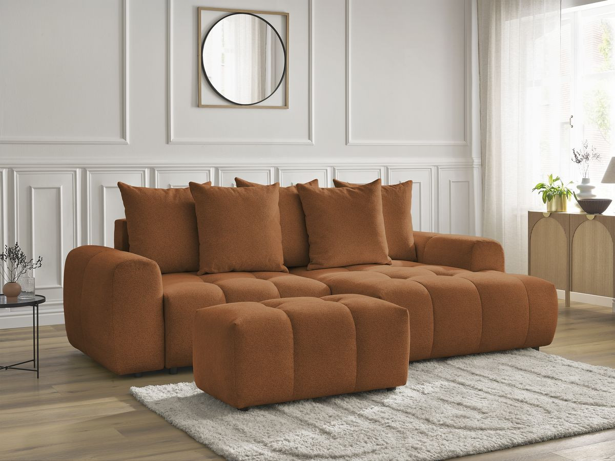 Canapé d'angle convertible coffre ROXELANE tissu chiné avec pouf