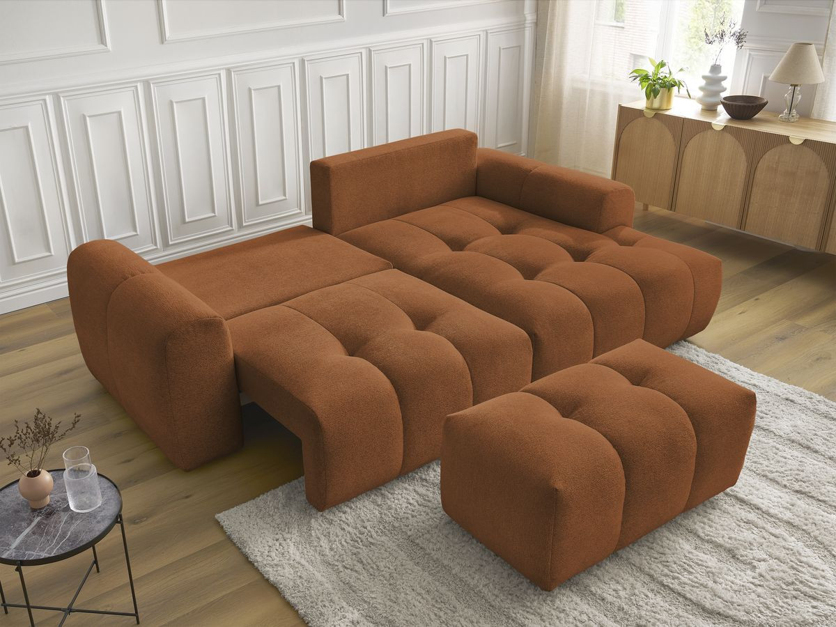Canapé d'angle convertible coffre ROXELANE tissu chiné avec pouf