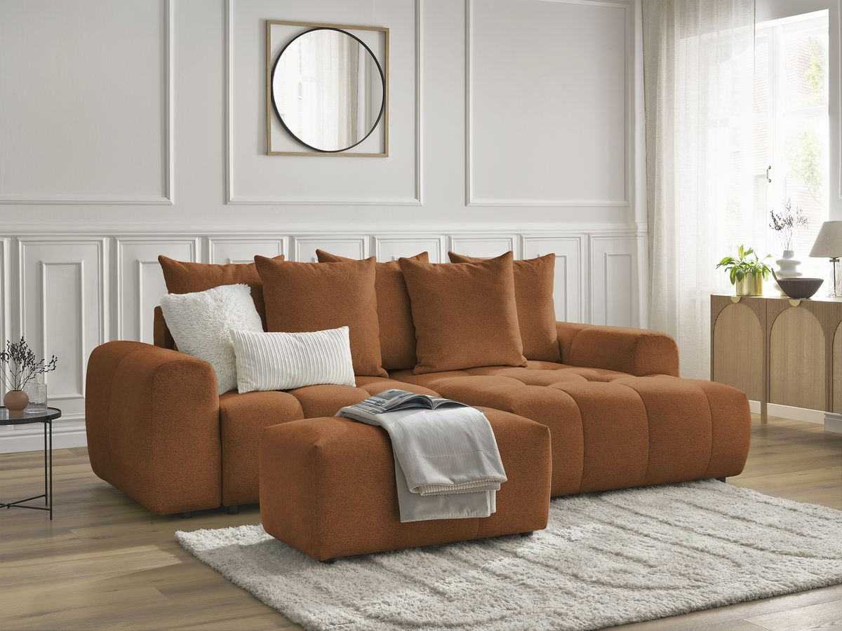 Canapé d'angle convertible coffre ROXELANE tissu chiné avec pouf