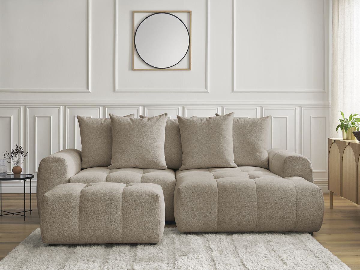 Canapé d'angle convertible coffre ROXELANE chiné avec pouf taupe — vue 5