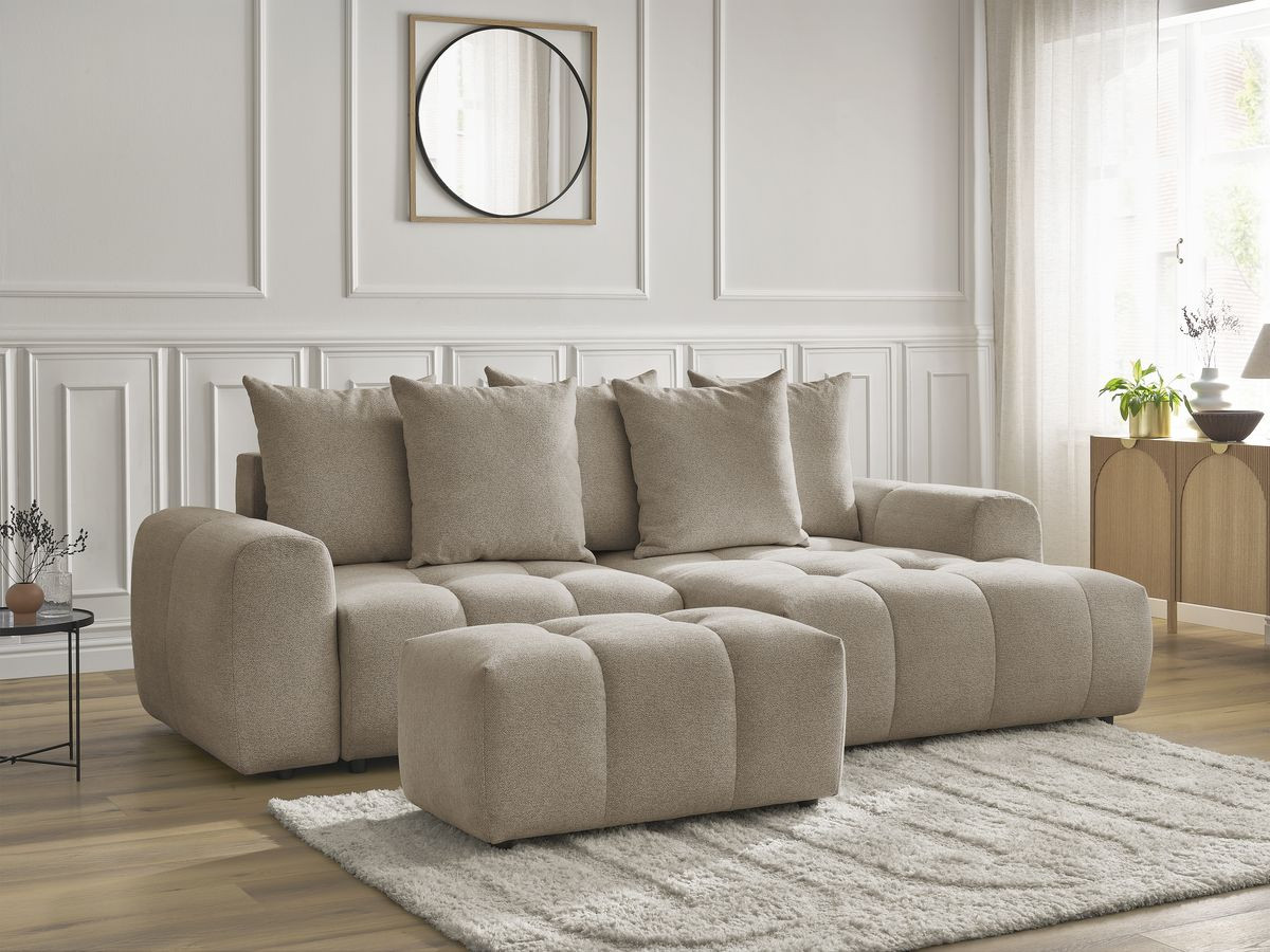 Canapé d'angle convertible coffre ROXELANE tissu chiné avec pouf