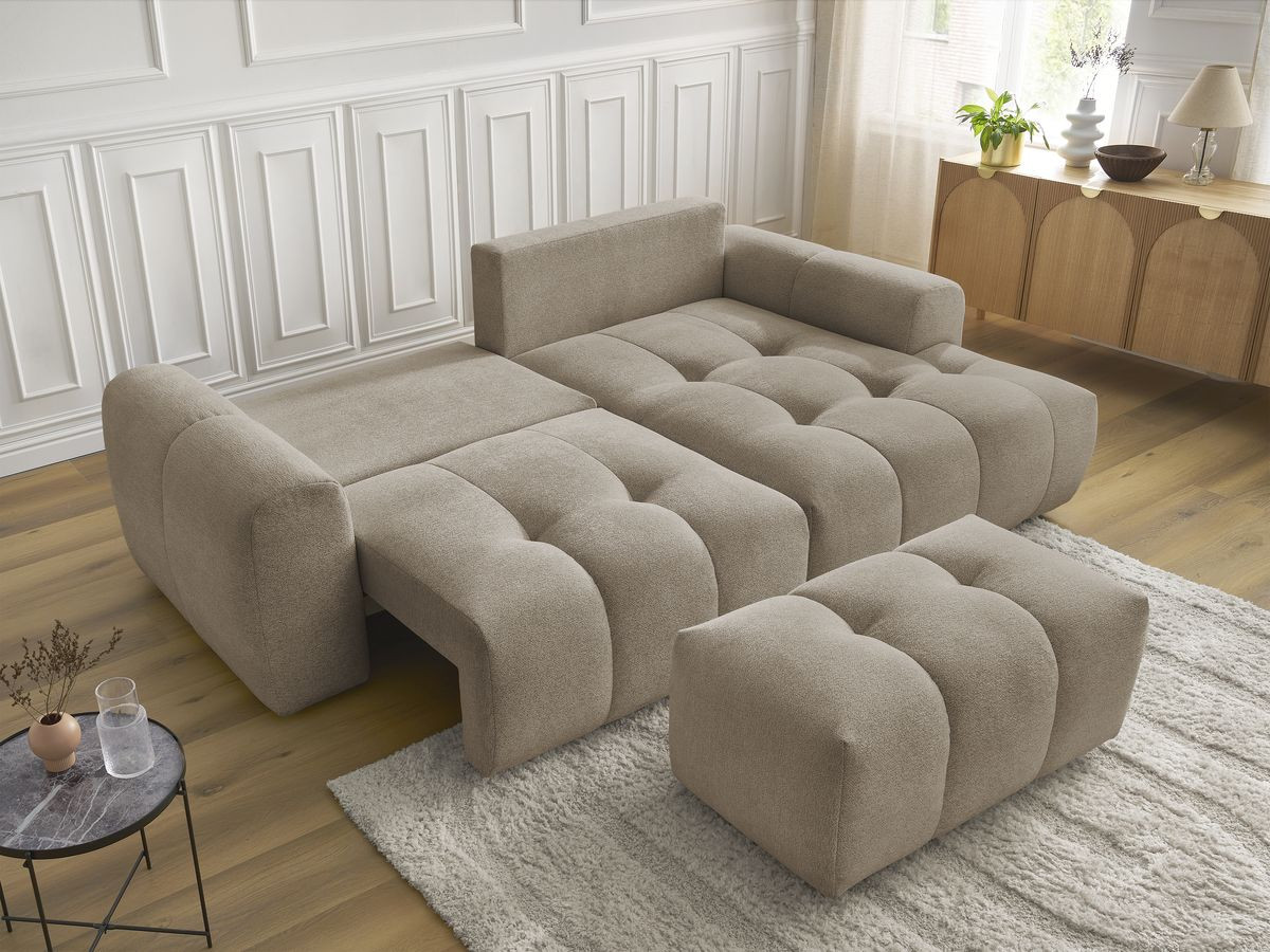 Canapé d'angle convertible coffre ROXELANE tissu chiné avec pouf
