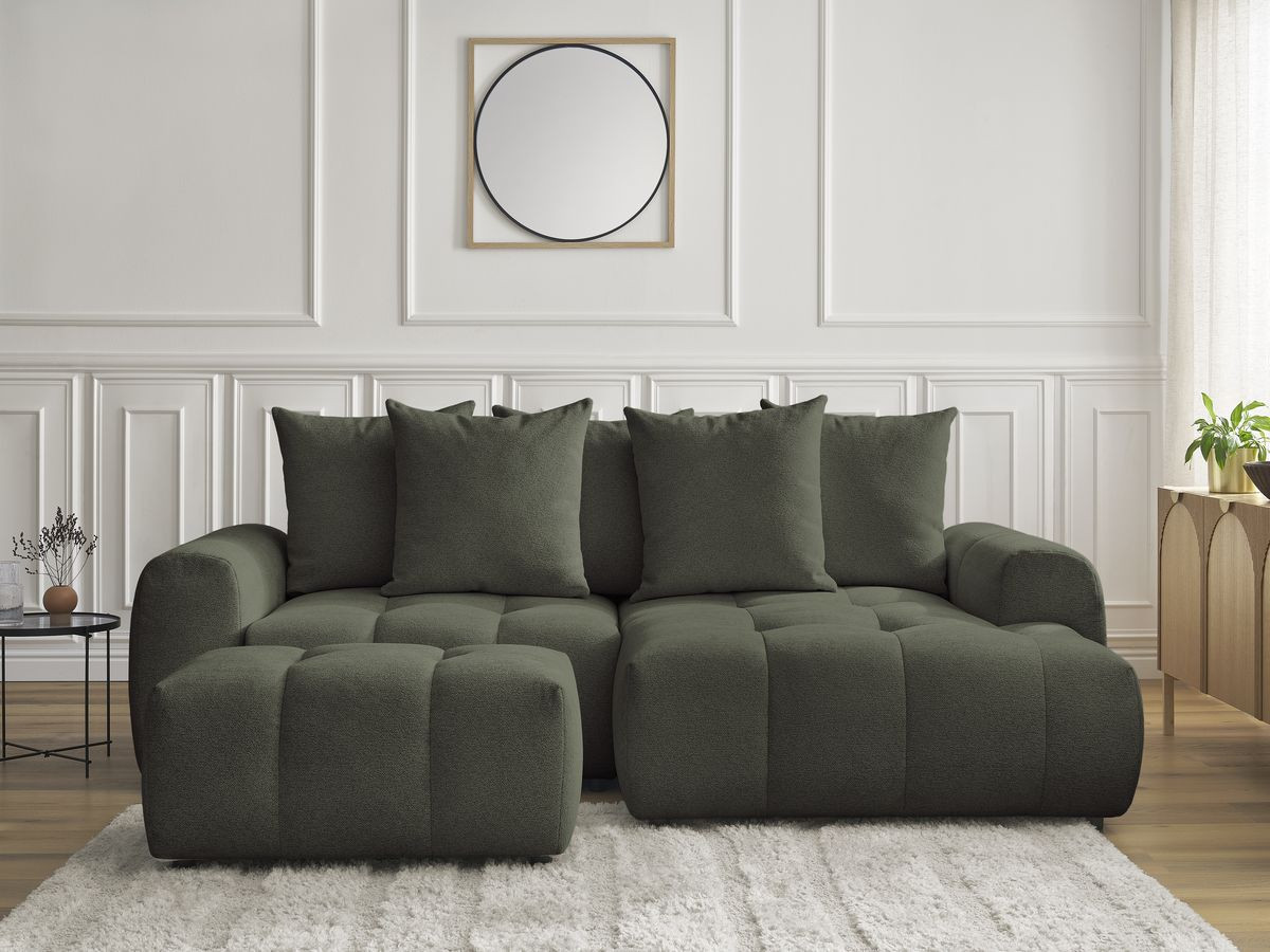 Canapé d'angle convertible coffre ROXELANE tissu chiné avec pouf vert  angle droit BOBOCHIC 3 places - Vue supplémentaire 3