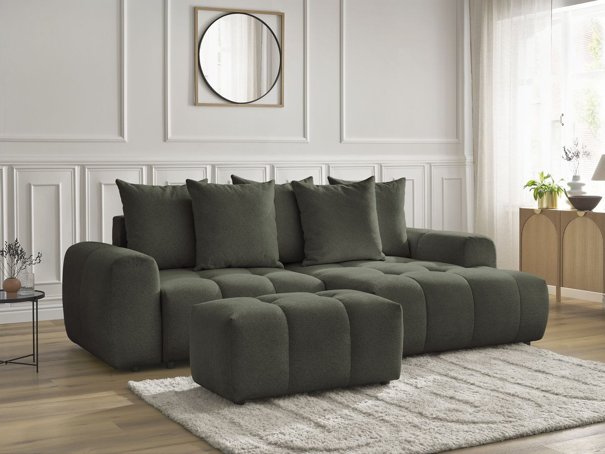 Canapé d'angle convertible coffre ROXELANE tissu chiné avec pouf