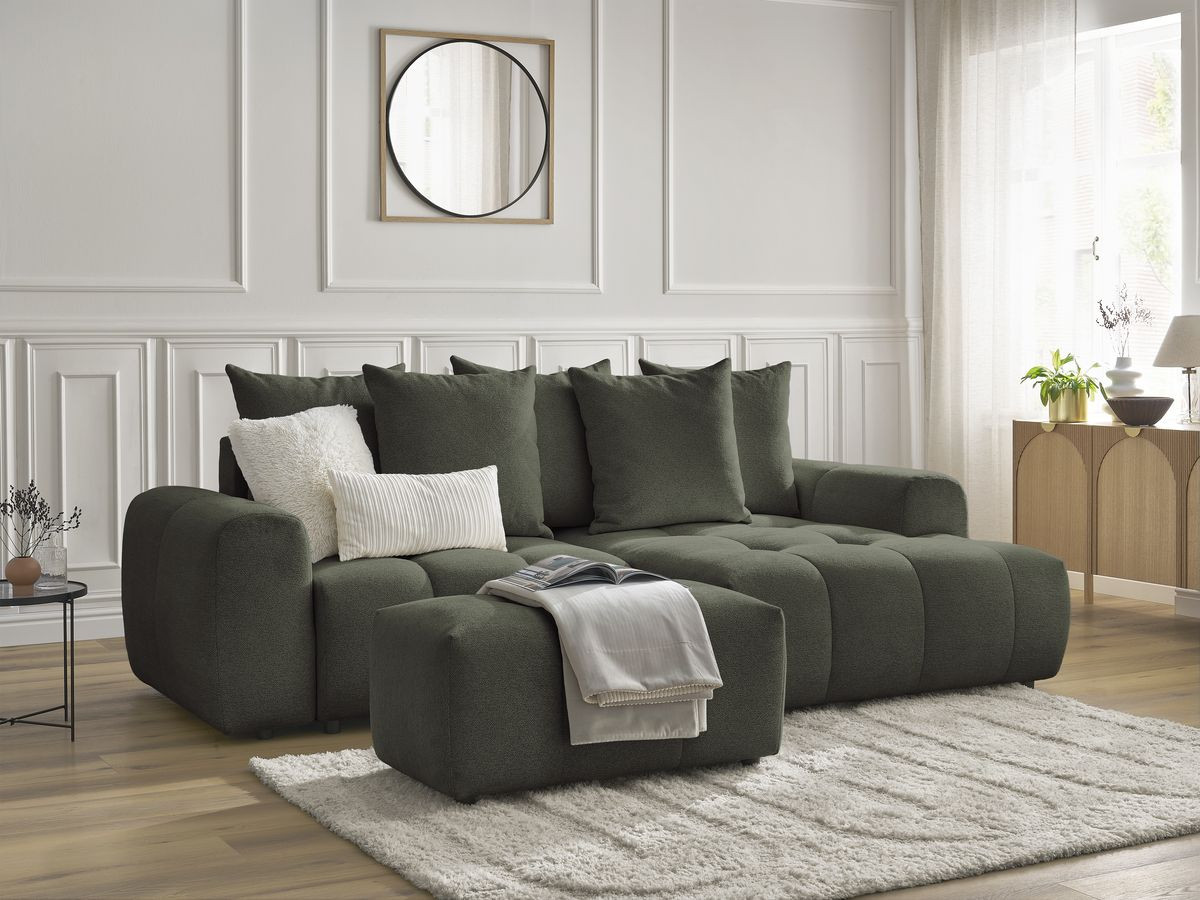 Canapé d'angle convertible coffre ROXELANE tissu chiné avec pouf