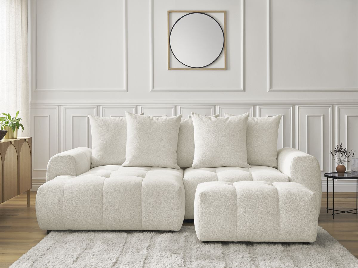 Canapé d'angle convertible coffre ROXELANE chiné avec pouf blanc — vue 5