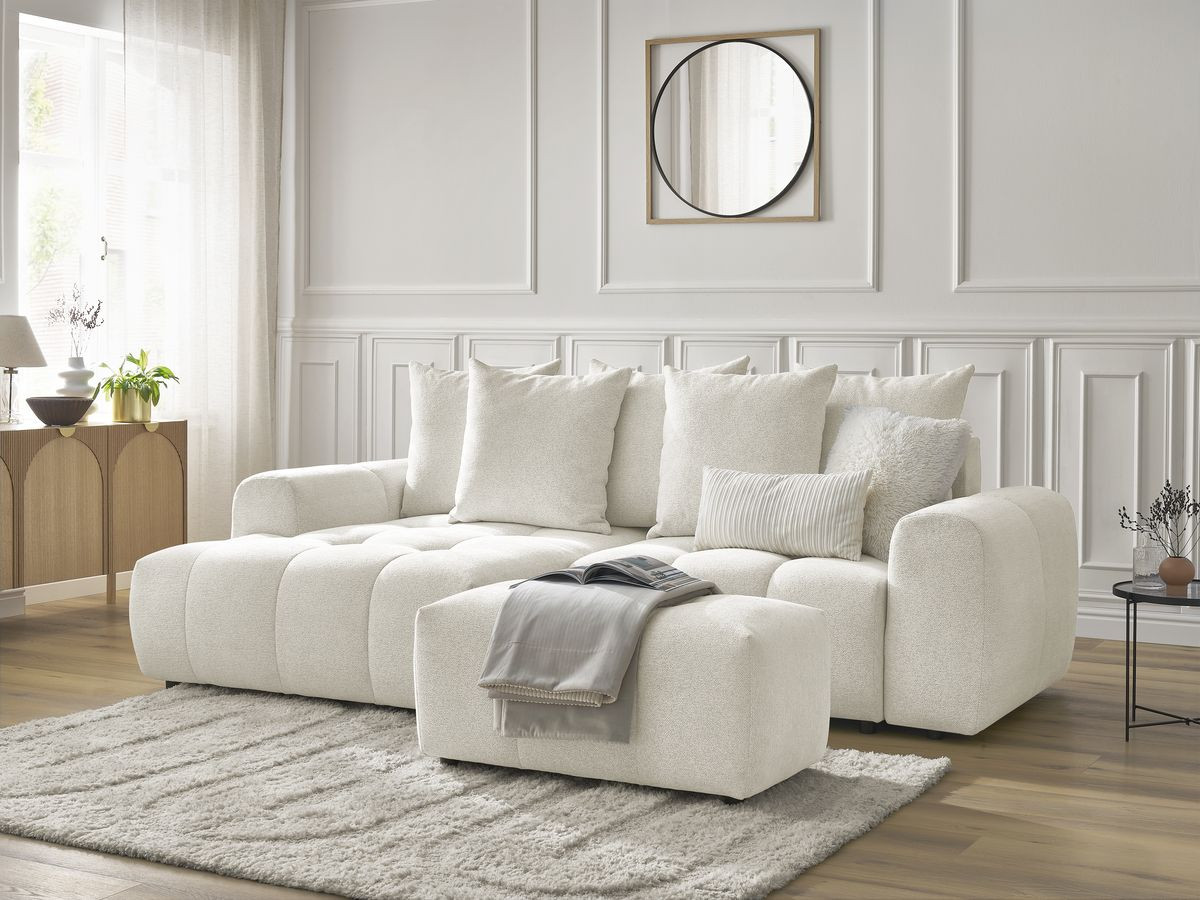 Canapé d'angle convertible coffre ROXELANE tissu chiné avec pouf
