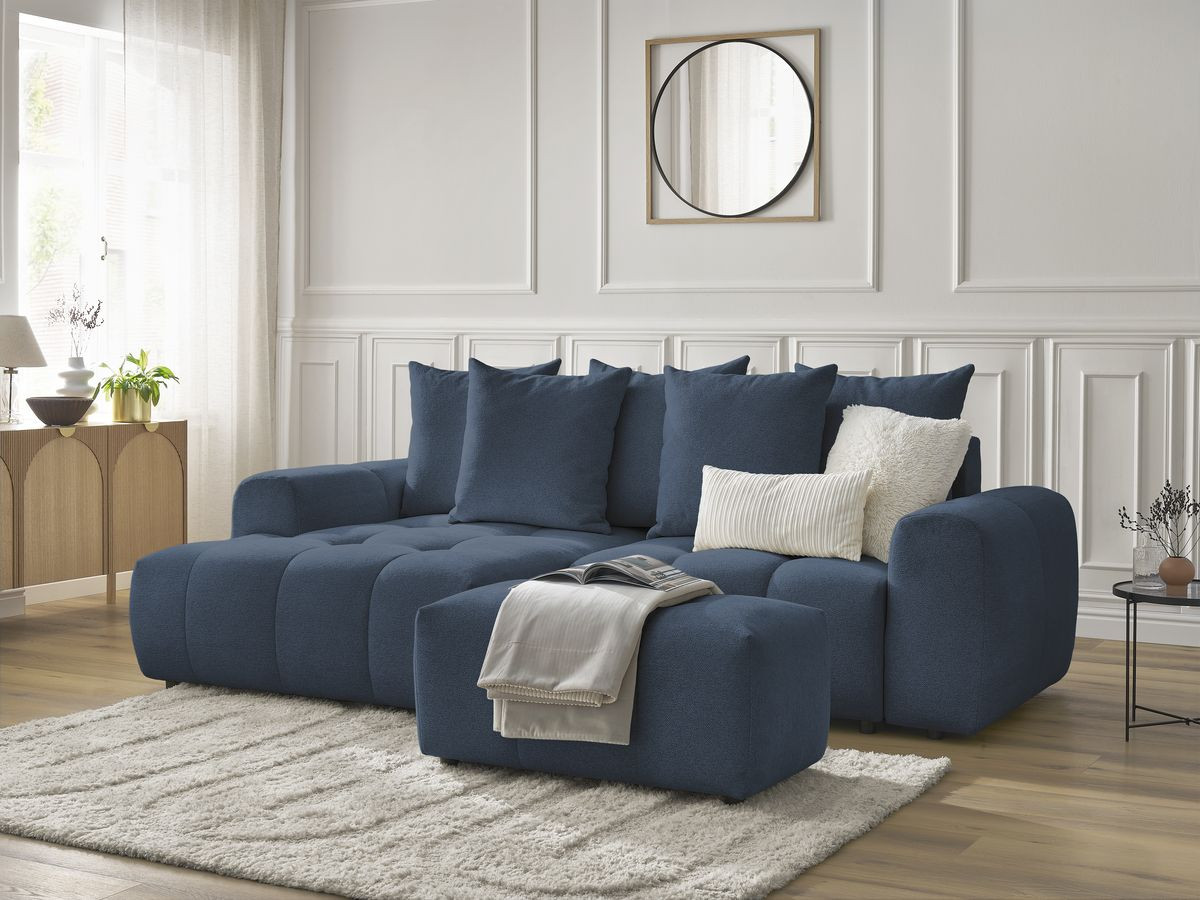 Canapé d'angle convertible coffre ROXELANE tissu chiné avec pouf