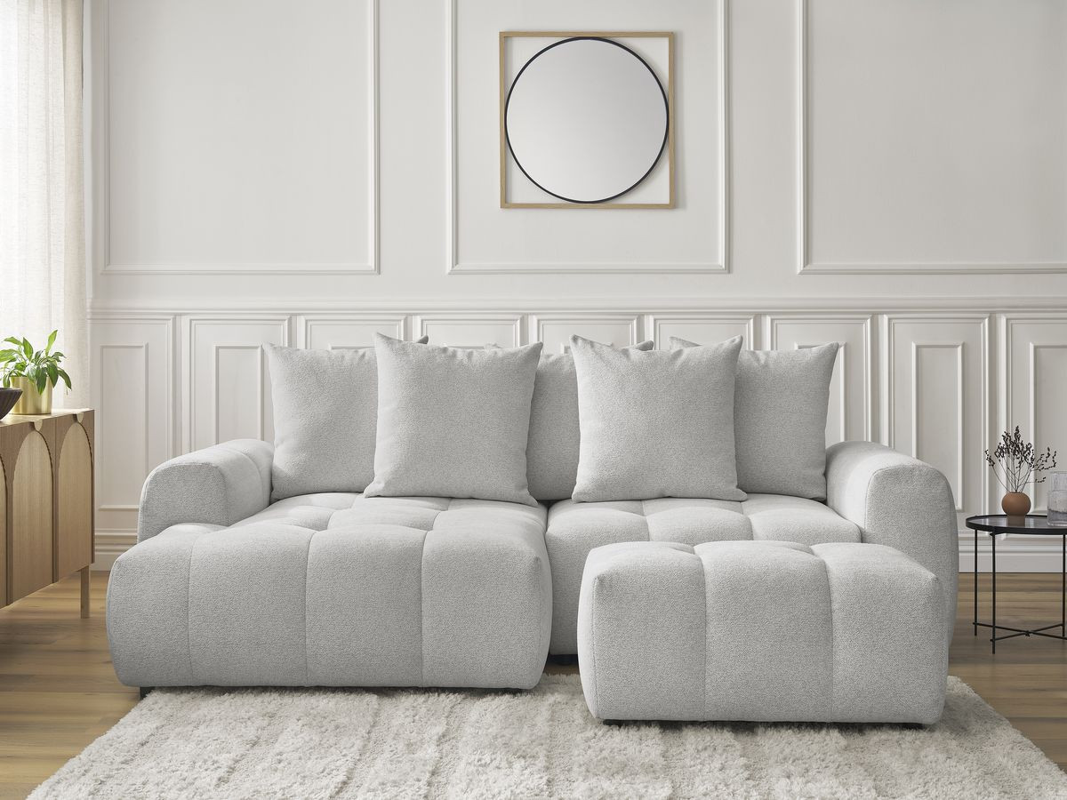 Canapé d'angle convertible coffre ROXELANE tissu chiné avec pouf gris clair angle gauche BOBOCHIC 3 places - Vue supplémentaire 3