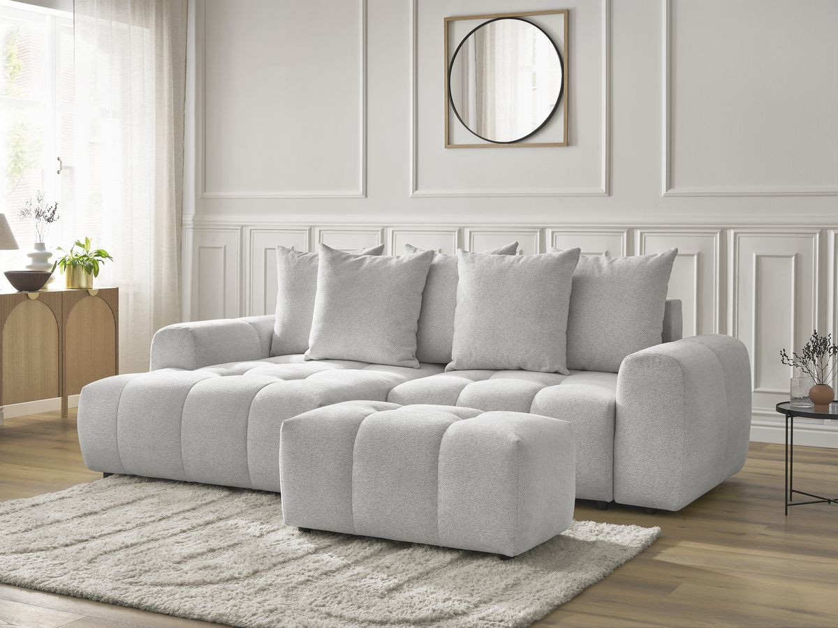 Canapé d'angle convertible coffre ROXELANE tissu chiné avec pouf