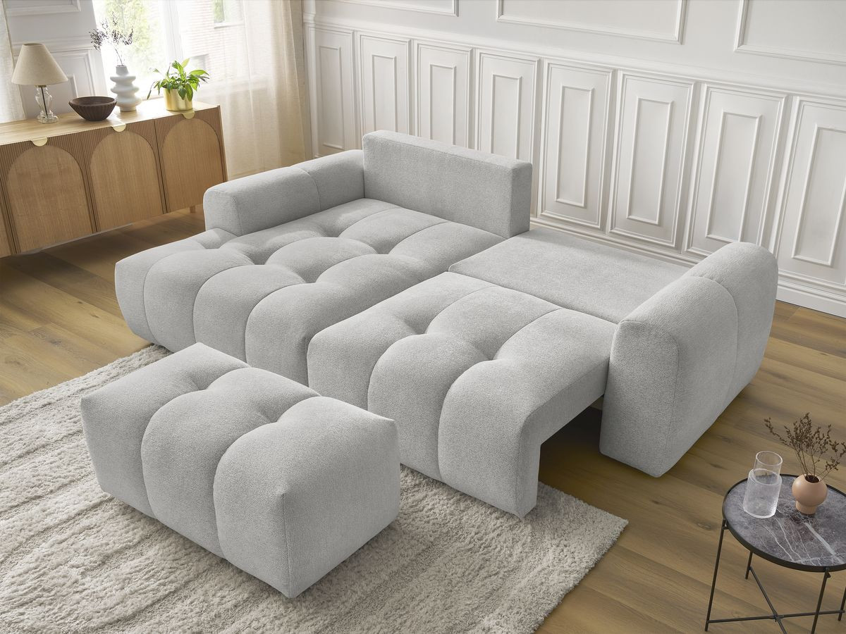 Canapé d'angle convertible coffre ROXELANE tissu chiné avec pouf