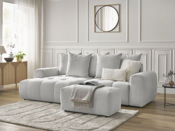 Canapé d'angle convertible coffre ROXELANE tissu chiné avec pouf