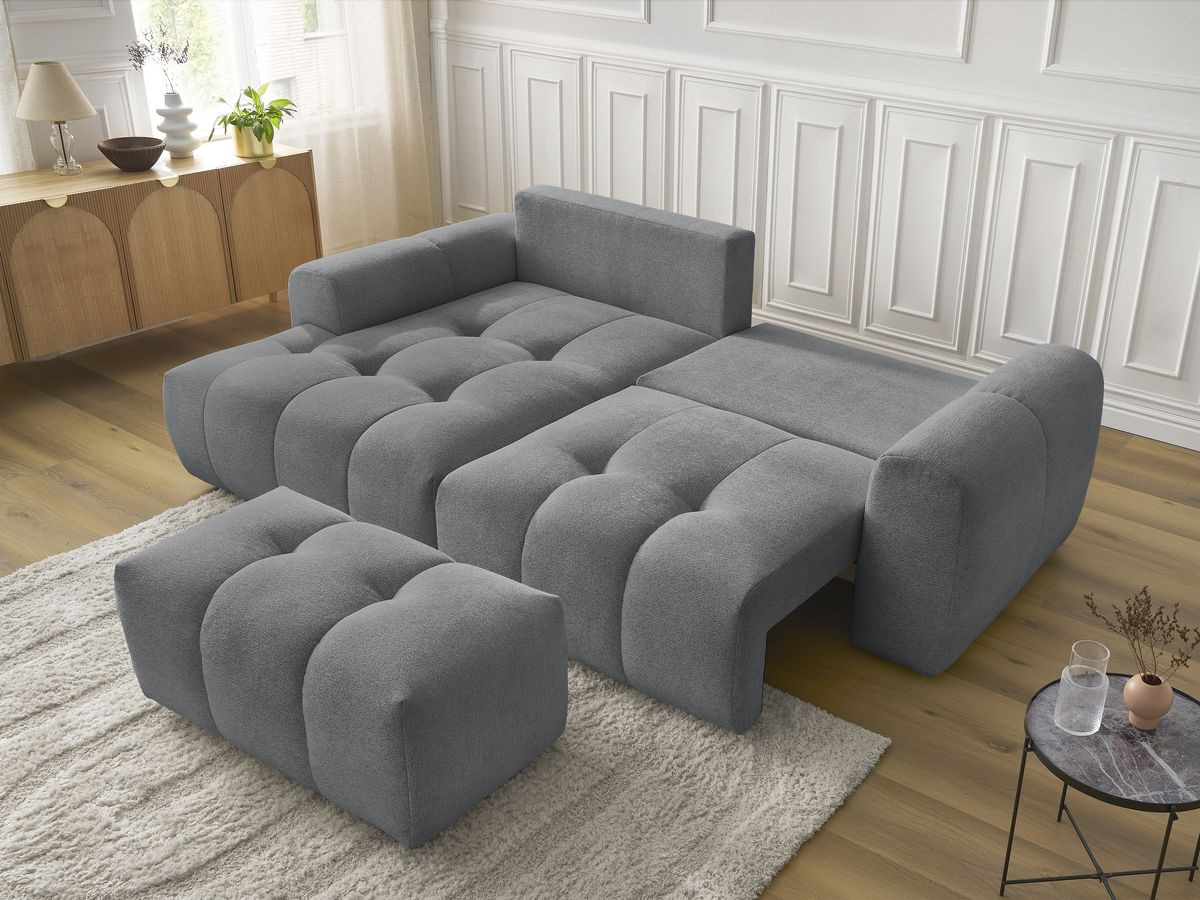 Canapé d'angle convertible coffre ROXELANE tissu chiné avec pouf