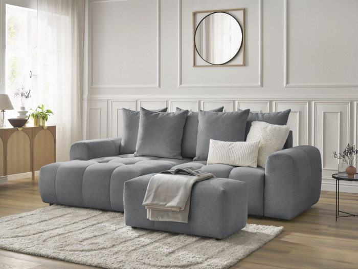 Canapé d'angle convertible coffre ROXELANE tissu chiné avec pouf