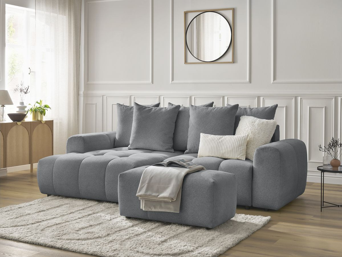 Canapé d'angle convertible coffre ROXELANE tissu chiné avec pouf