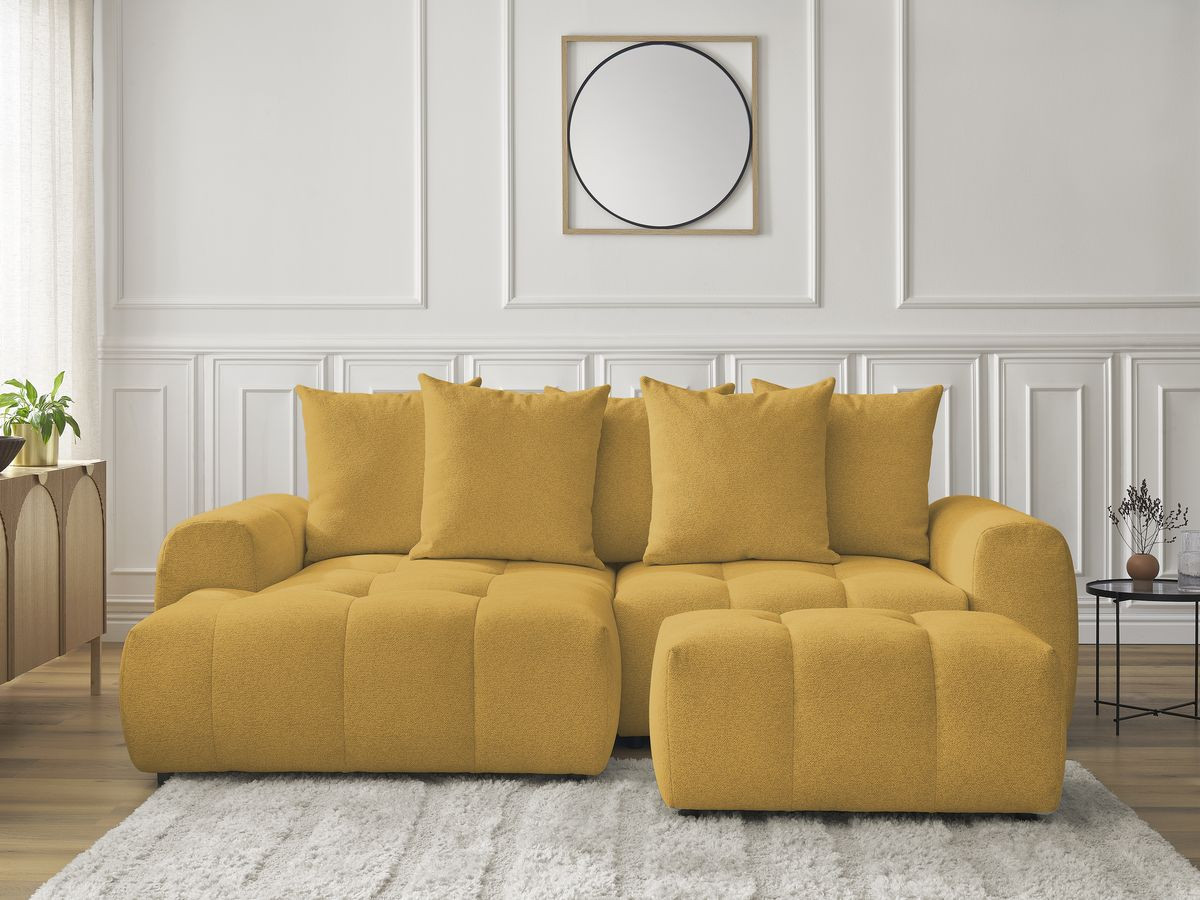 Canapé d'angle convertible coffre ROXELANE tissu chiné avec pouf jaune angle gauche BOBOCHIC 3 places - Vue supplémentaire 3