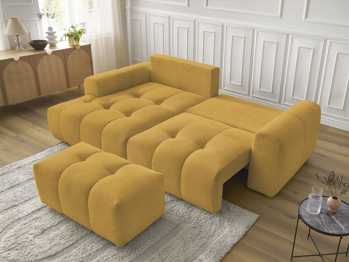 Canapé d'angle convertible coffre ROXELANE tissu chiné avec pouf