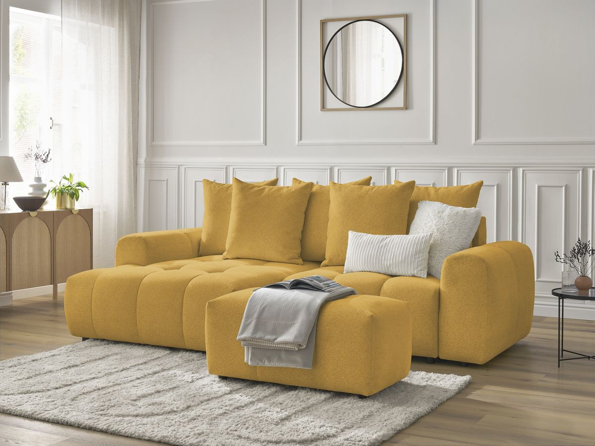 Canapé d'angle convertible coffre ROXELANE tissu chiné avec pouf