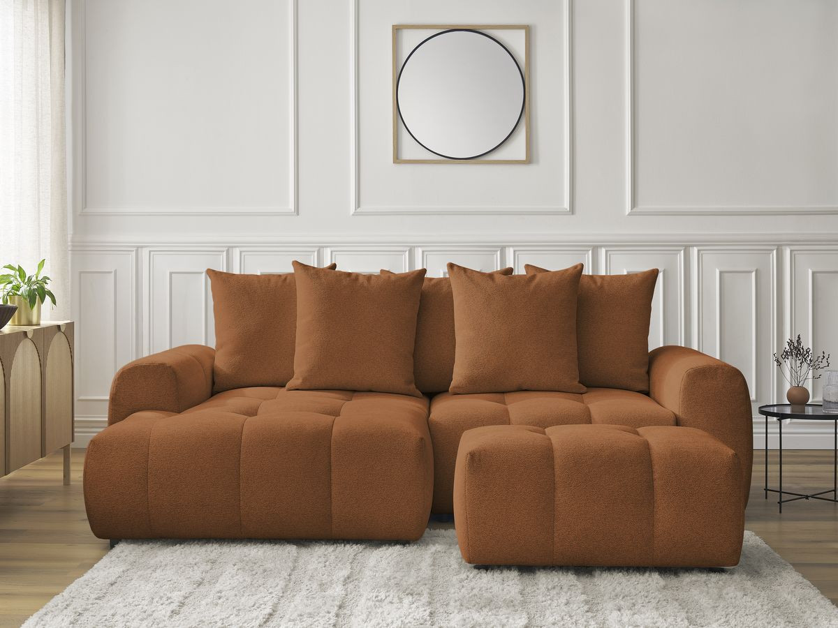 Canapé d'angle convertible coffre ROXELANE tissu chiné avec pouf orange angle gauche BOBOCHIC 3 places - Vue supplémentaire 3
