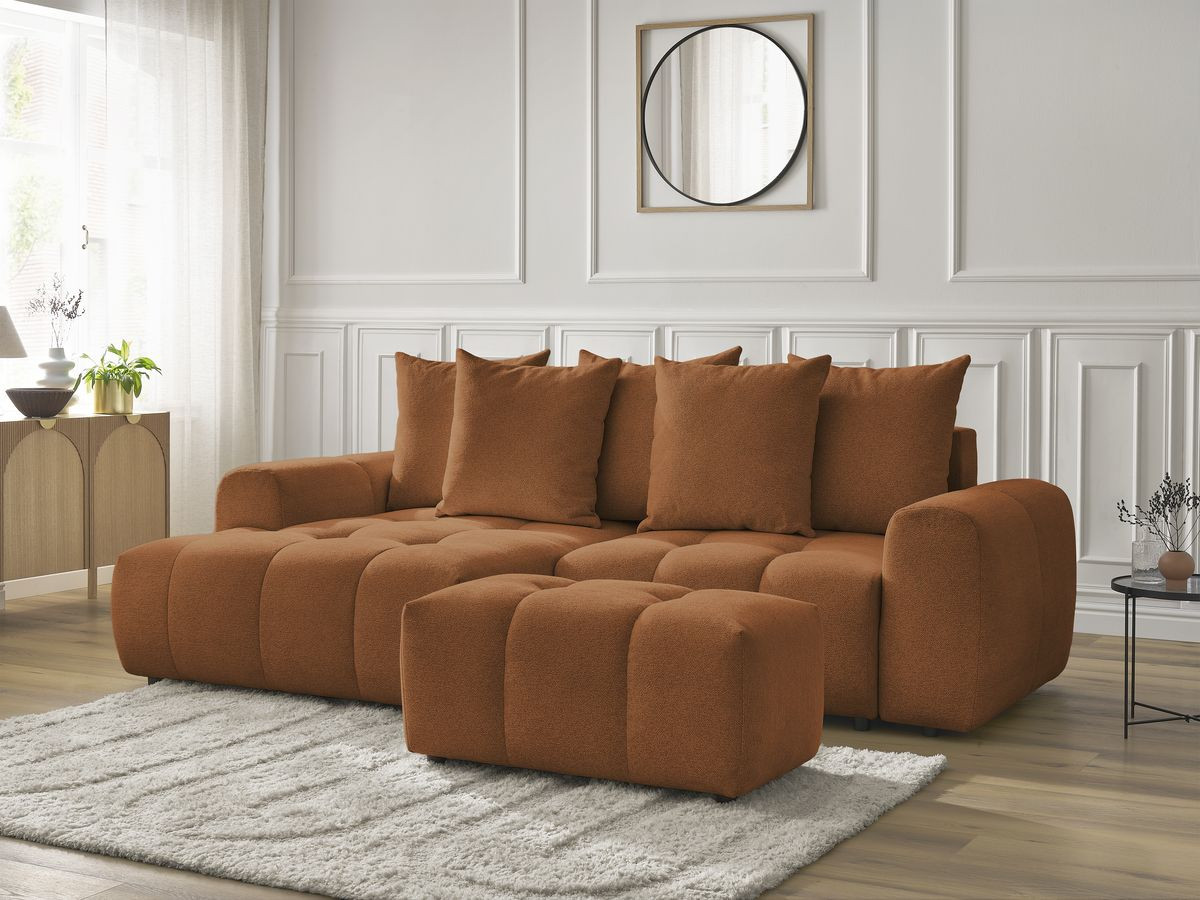 Canapé d'angle convertible coffre ROXELANE tissu chiné avec pouf