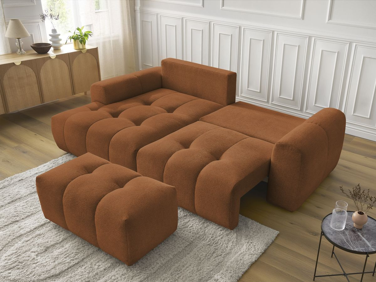 Canapé d'angle convertible coffre ROXELANE tissu chiné avec pouf