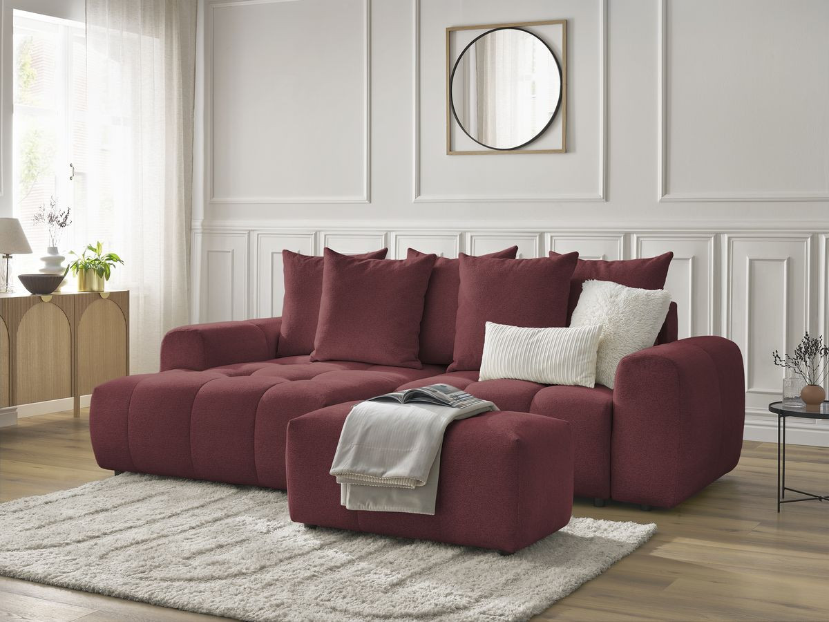 Canapé d'angle convertible coffre ROXELANE tissu chiné avec pouf