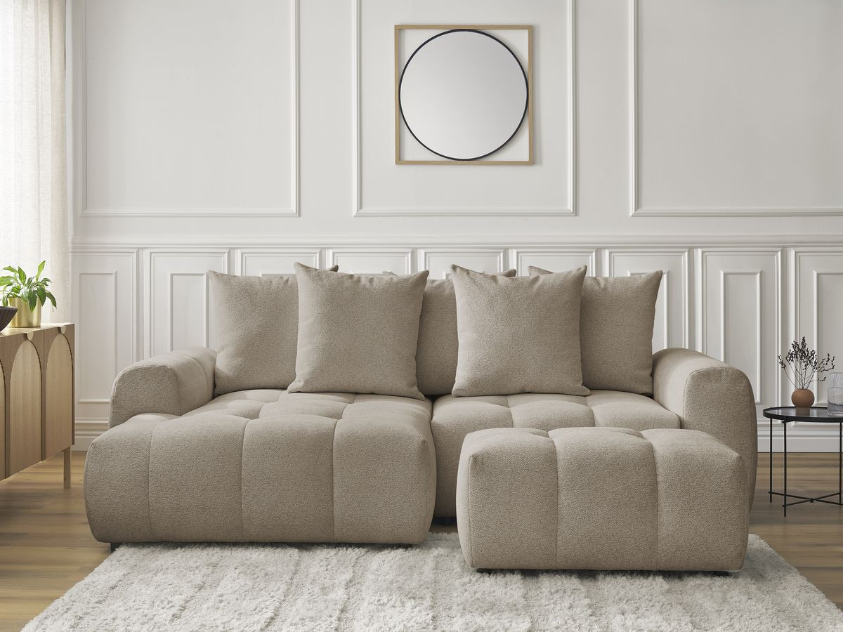 Canapé d'angle convertible coffre ROXELANE tissu chiné avec pouf taupe angle gauche BOBOCHIC 3 places - Vue supplémentaire 3