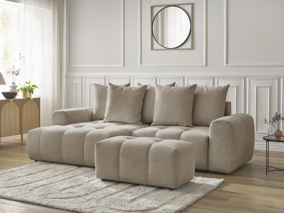 Canapé d'angle convertible coffre ROXELANE tissu chiné avec pouf