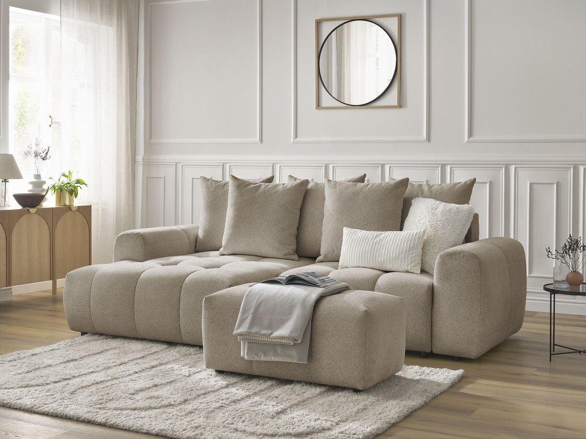 Canapé d'angle convertible coffre ROXELANE tissu chiné avec pouf