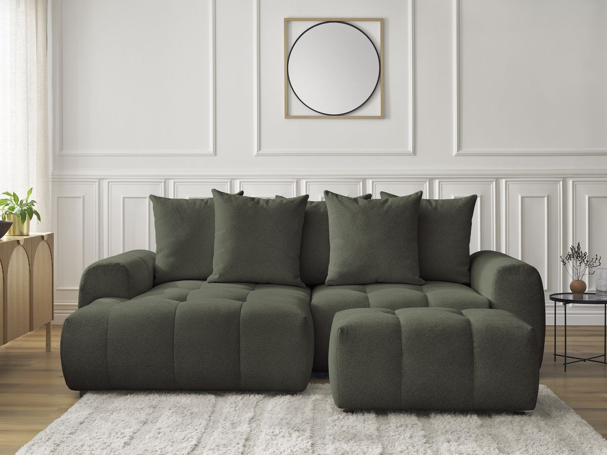 Canapé d'angle convertible coffre ROXELANE tissu chiné avec pouf vert angle gauche BOBOCHIC 3 places - Vue supplémentaire 3