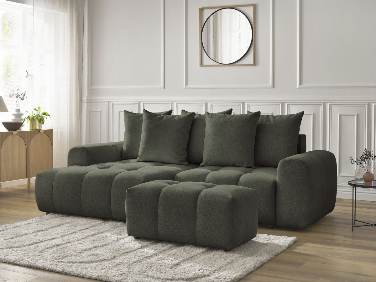 Canapé d'angle convertible coffre ROXELANE tissu chiné avec pouf