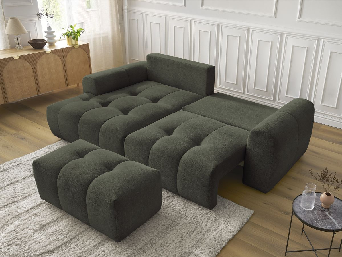 Canapé d'angle convertible coffre ROXELANE tissu chiné avec pouf