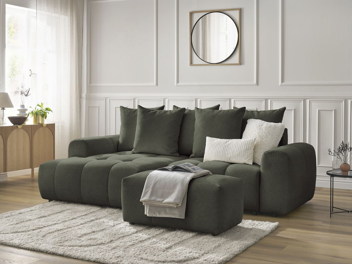 Canapé d'angle convertible coffre ROXELANE tissu chiné avec pouf