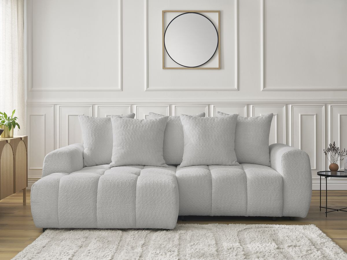 Canapé d'angle convertible coffre ROXELANE tissu bouclette gris clair angle gauche BOBOCHIC 3 places - Vue supplémentaire 3