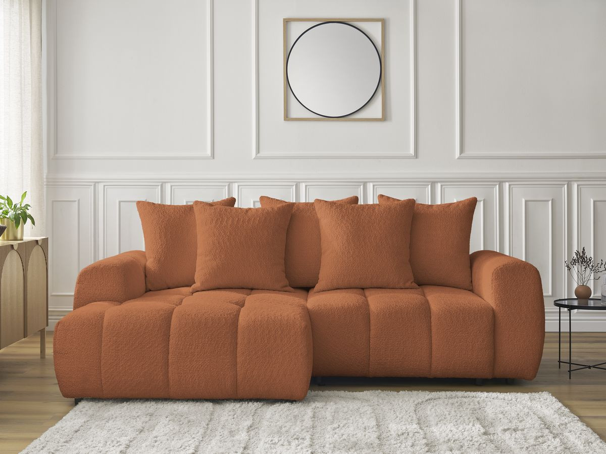 Canapé d'angle convertible coffre ROXELANE tissu bouclette orange angle gauche BOBOCHIC 3 places - Vue supplémentaire 3