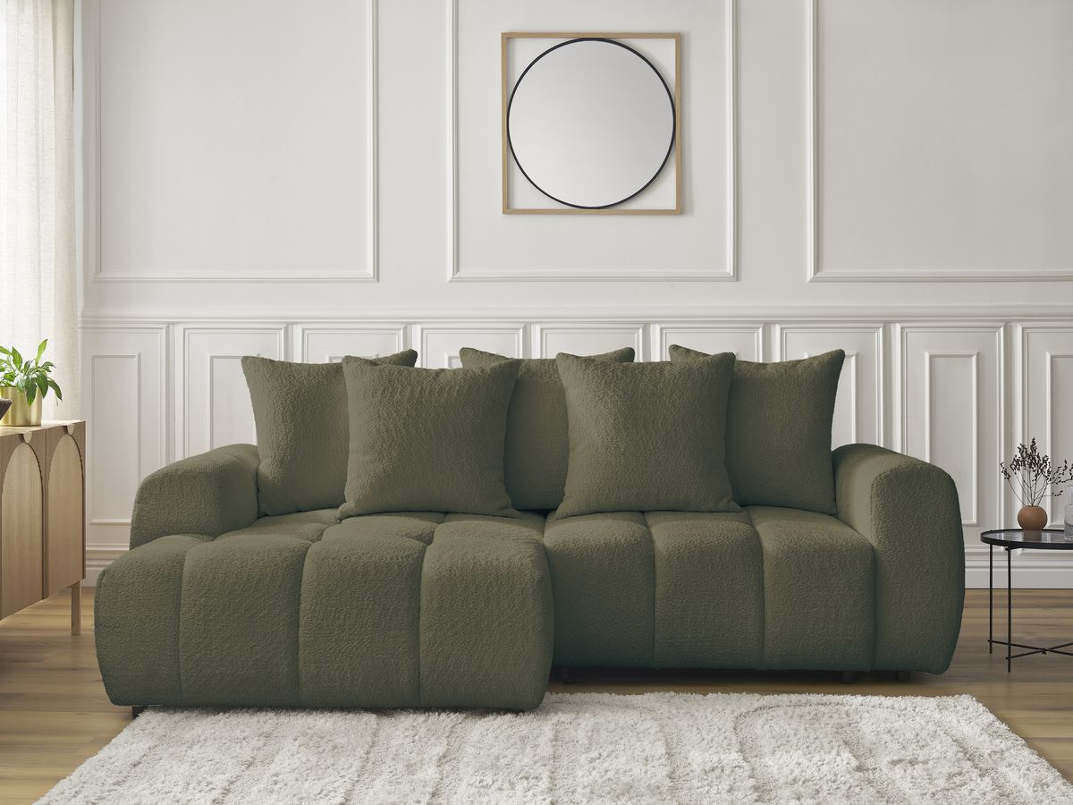 Canapé d'angle convertible coffre ROXELANE tissu bouclette vert angle gauche BOBOCHIC 3 places - Vue supplémentaire 3