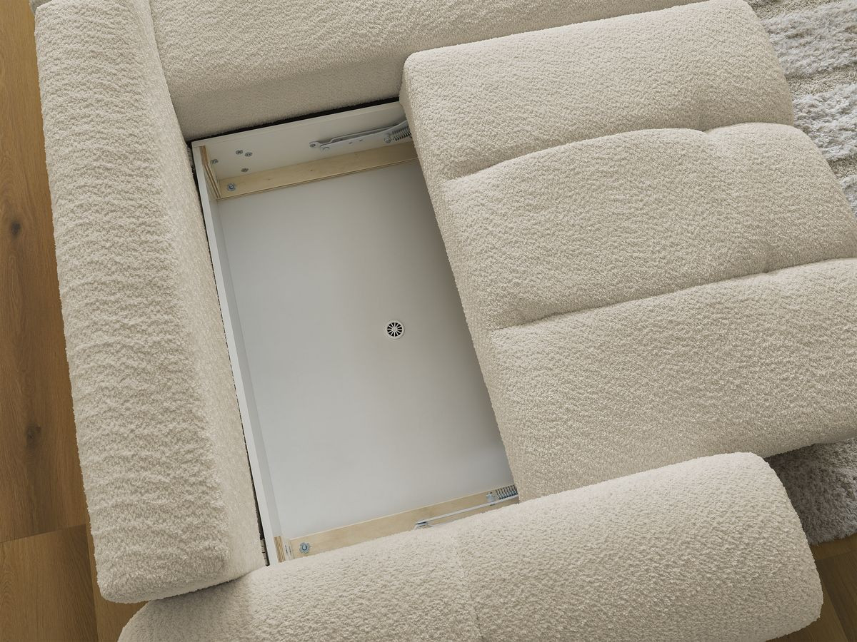 Canapé d'angle convertible coffre ROXELANE tissu bouclette avec pouf
