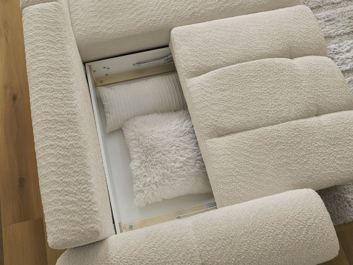 Canapé d'angle convertible coffre ROXELANE tissu bouclette avec pouf